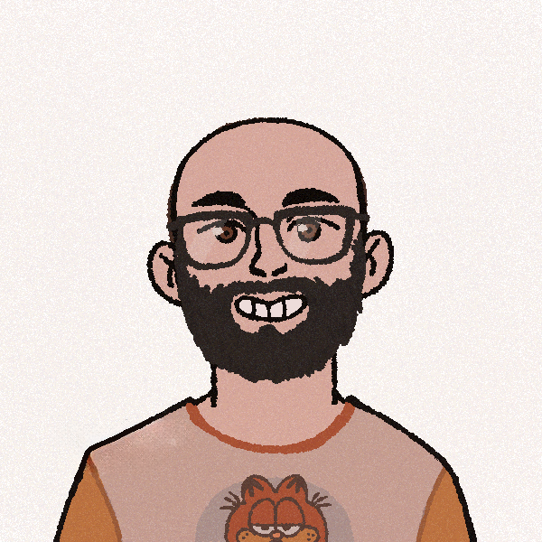 Illustration stylisée d'un homme chauve avec une barbe noire et des lunettes rectangulaires. Il sourit largement, et son t-shirt beige arbore un motif de Garfield. Le dessin est minimaliste et numérique, avec des contours simples et une texture douce.