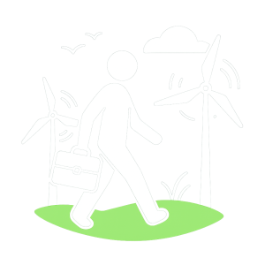Professionnel engagé vers l'énergie verte Figure stylisée d’un professionnel marchant avec une valise, entouré d’éoliennes et d’oiseaux, illustrant la sérénité et l’engagement écologique